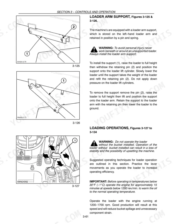 New Holland 555E, 575E, 655E, 675E loader arm support installation and loader operation control procedures.