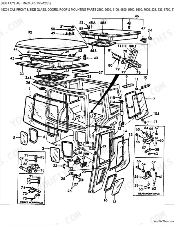 Ford 6600 4 CYL AG TRACTOR exploded view of cab glass, doors, roof, and mounting hardware components.
