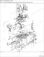 new-holland-6600-to-tractor-ag-tractor-parts-catalog-drivetrain-parts-224.webp Ford 6600 4 CYL AG TRACTOR exploded view of 8 speed transmission case, shift levers, and internal shift forks.
