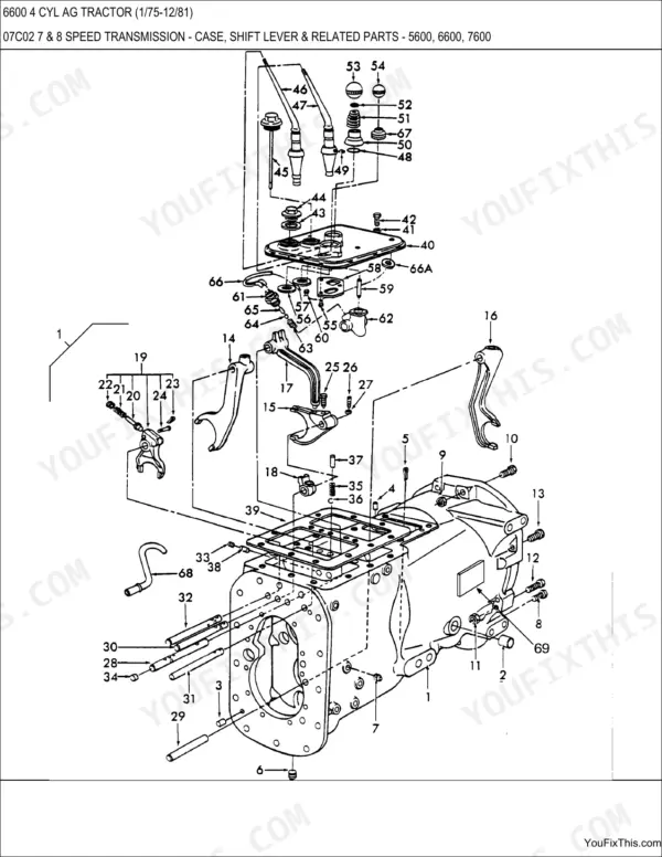 Ford 6600 4 CYL AG TRACTOR exploded view of 8 speed transmission case, shift levers, and internal shift forks.