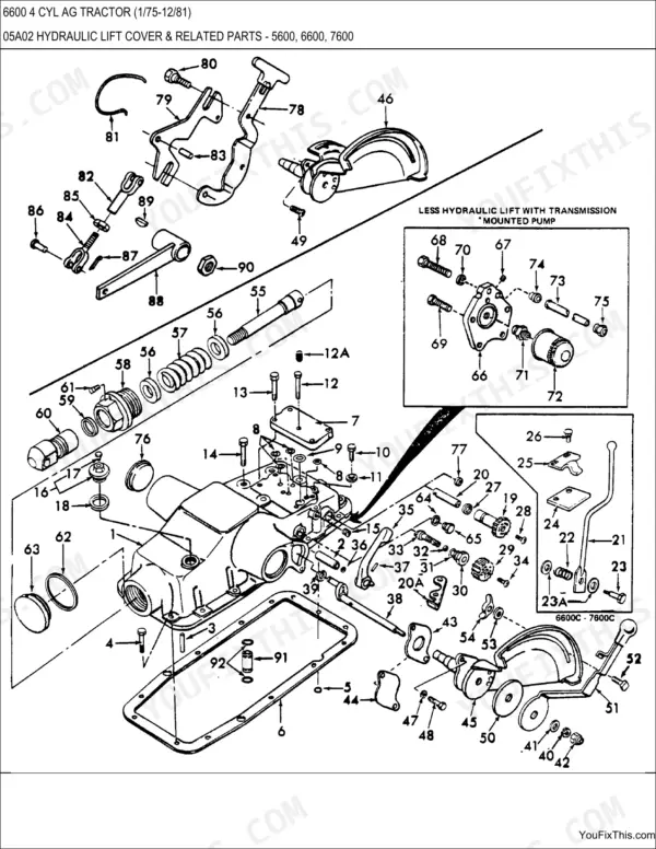 Ford 6600 4 CYL AG TRACTOR exploded view of hydraulic lift cover, linkage, and transmission mounted pump parts.