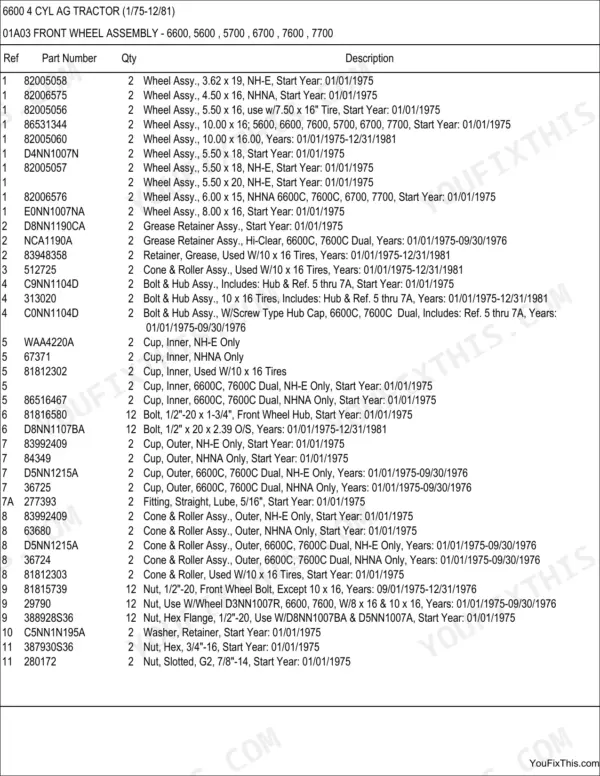 Ford 6600 4 CYL AG TRACTOR parts list for front wheel assembly, including wheel, hub, bolt, and bearing components.