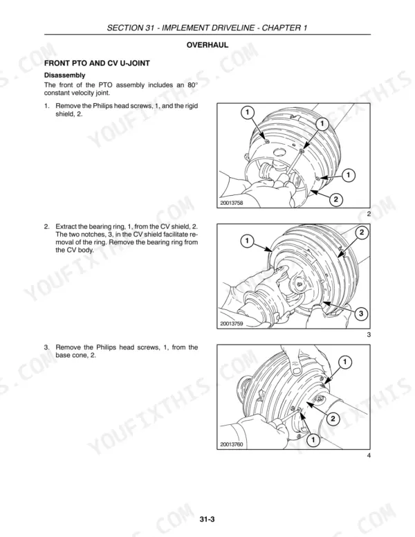 New Holland BR7050 front PTO and CV U-joint disassembly procedure showing shield and bearing ring removal steps.