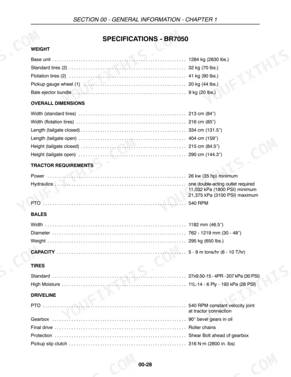 New Holland BR7050 specifications table listing weight, dimensions, tractor requirements, bale size, capacity, tires, and driveline.