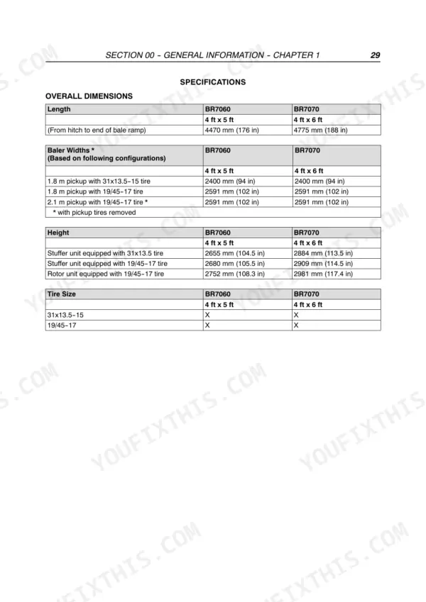 New Holland BR7060, BR7070 specifications table showing overall dimensions, baler widths, height, and tire size configurations.
