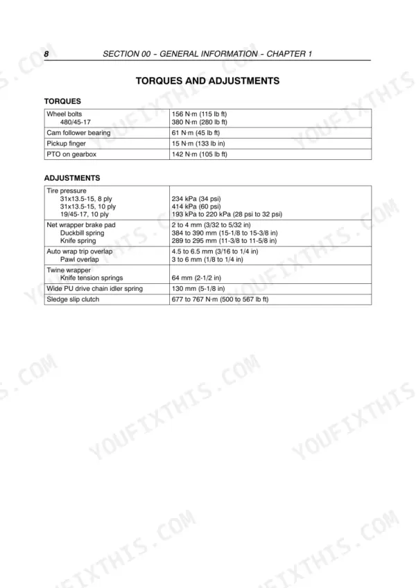 New Holland BR7060, BR7070 service manual page showing torque specifications and adjustment settings for baler components.