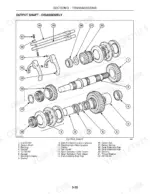 New Holland LM 410, 410 T, 420, 430, 630, 640 transmission output shaft disassembly exploded view diagram.