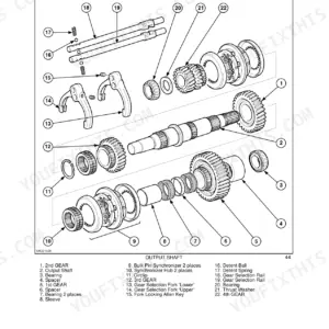 New Holland LM 410, 410 T, 420, 430, 630, 640 transmission output shaft disassembly exploded view diagram.