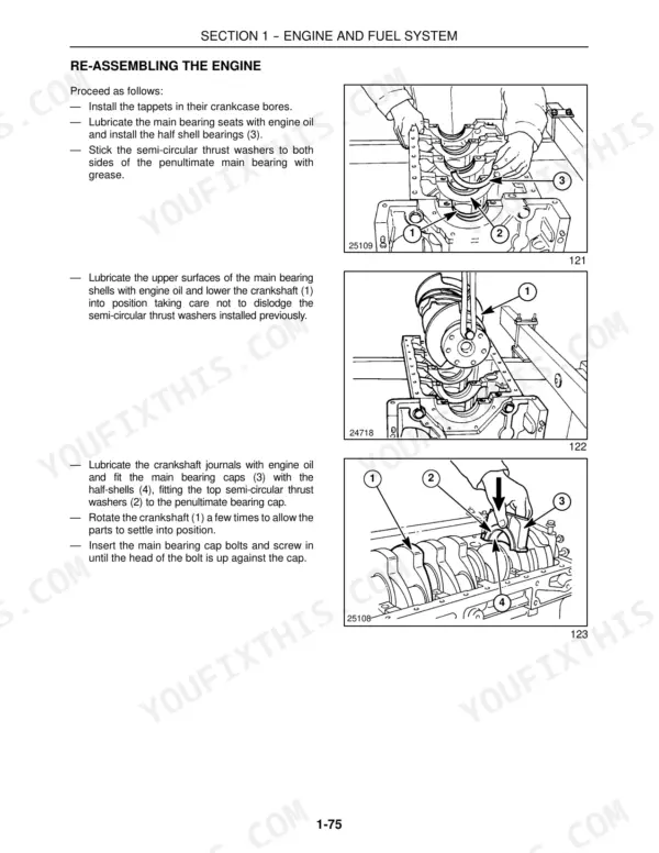 New Holland LM 410, 410 T, 420, 430, 630, 640 engine re-assembly procedure for crankshaft and main bearings.