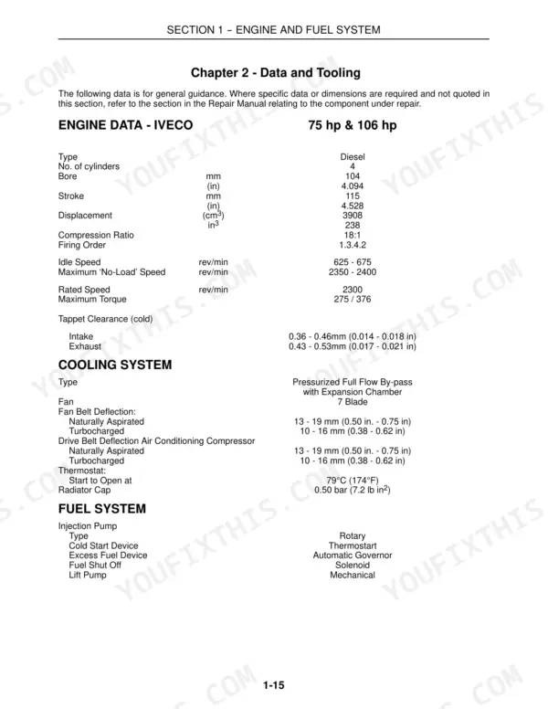 New Holland LM 410, 410 T, 420, 430, 630, 640 engine, cooling, and fuel system technical specifications.
