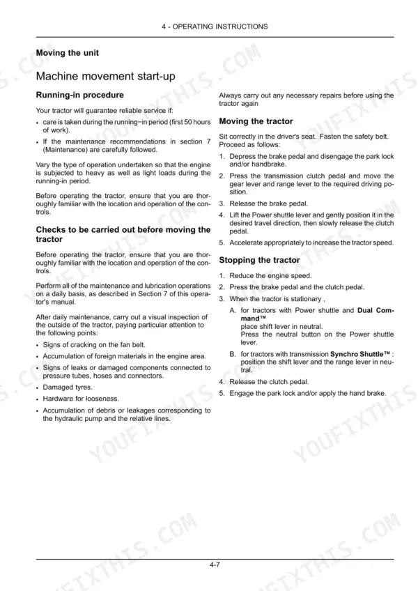 New Holland T4.90, T4.100, T4.110, T4.120 operating instructions for tractor running-in, moving, and stopping procedures.