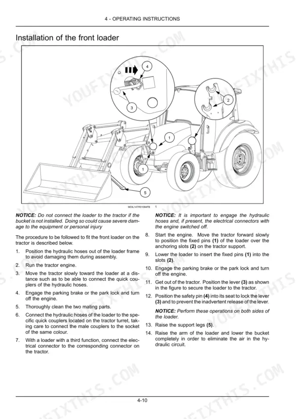New Holland T4.90, T4.100, T4.110, T4.120 front loader installation procedure diagram and step-by-step instructions.