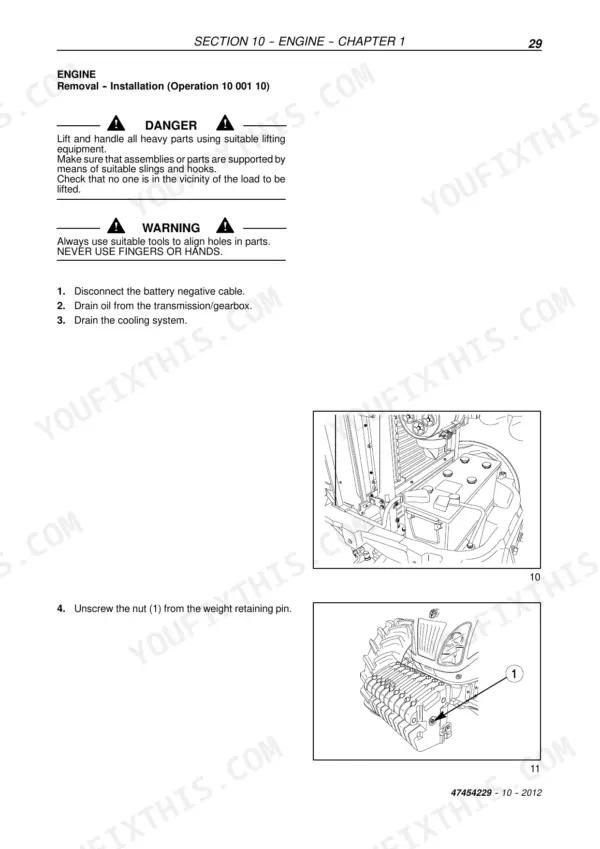 New Holland TD5.65-TD5.110 engine removal procedure, battery and weight retaining pin diagrams.