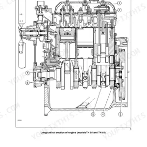 New Holland TN 55, TN 65, TN 70, TN 75 longitudinal engine section diagram showing pistons, crankshaft, and fan assembly.