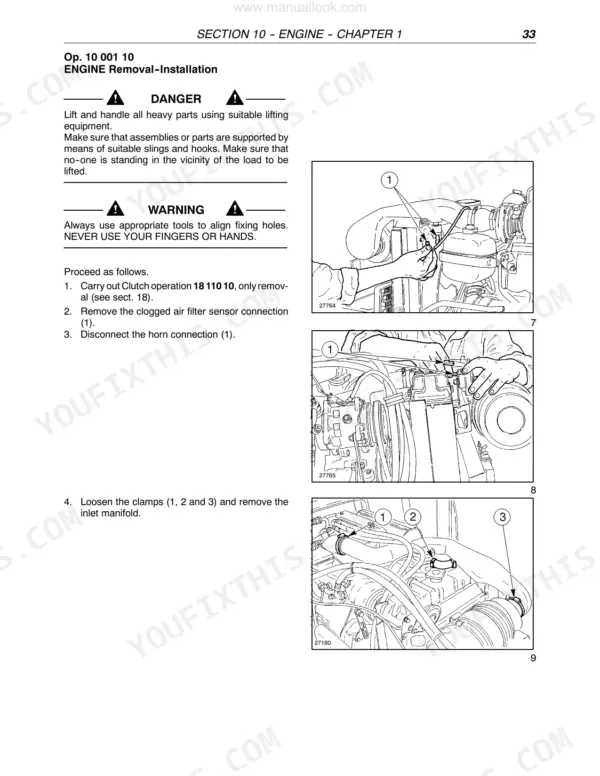 New Holland TN55, TN65, TN70, TN75 engine removal procedure showing air filter sensor, horn, and inlet manifold clamps.