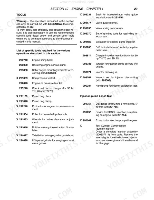 New Holland TN55, TN65, TN70, TN75 engine service manual page listing essential tools for engine repair.