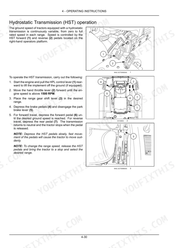 New Holland Workmaster 33, 37 hydrostatic transmission operation procedures, pedal and lever control diagrams.