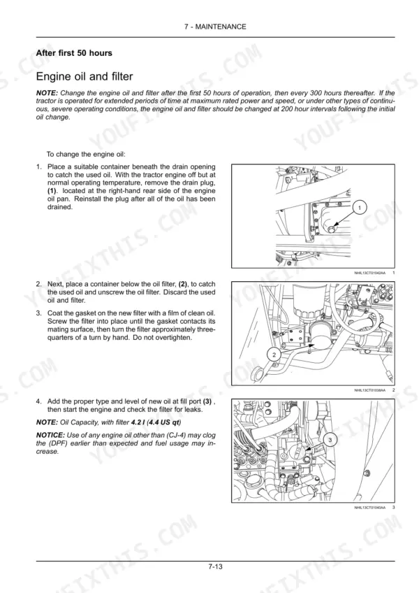 New Holland Workmaster 33, 37 engine oil and filter change procedure with drain plug, filter, and fill port diagrams.