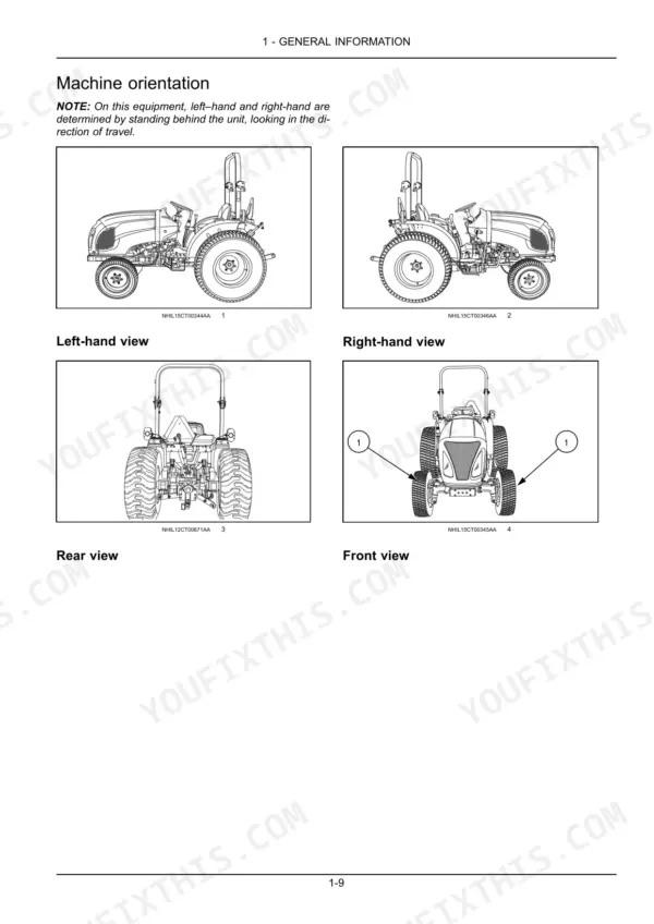 New Holland Workmaster 33, 37 machine orientation diagrams showing left, right, front, and rear tractor views.