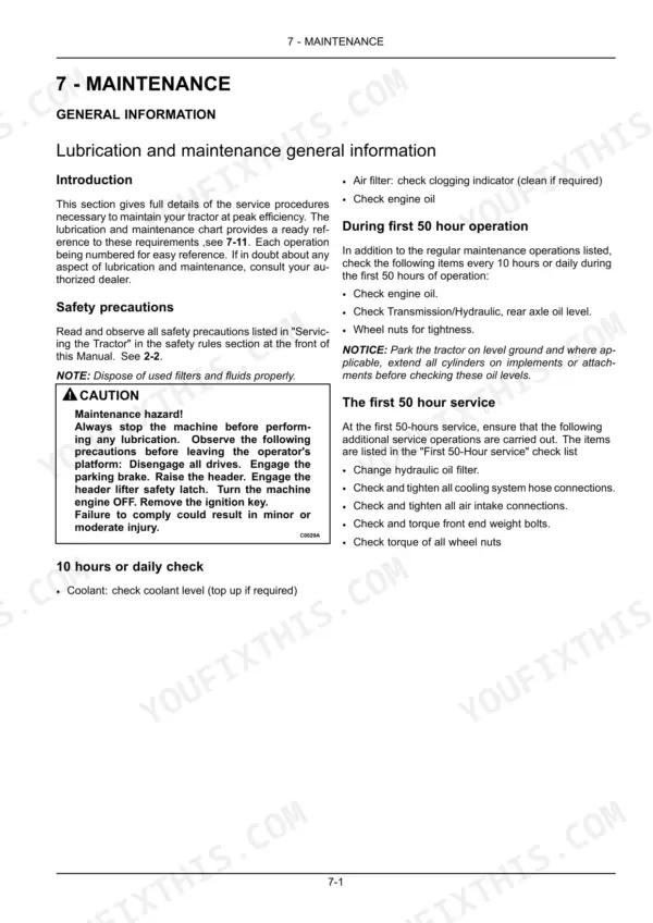 New Holland Workmaster 50, 60, 70 maintenance manual page detailing daily, 10-hour, and first 50-hour service procedures.