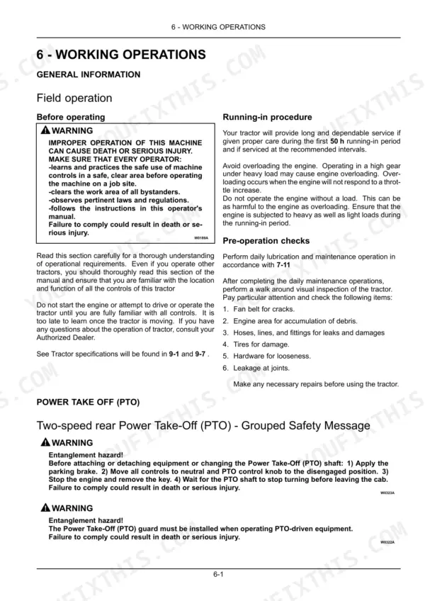 New Holland Workmaster 50, 60, 70 operator manual page covering field operation, running-in procedures, and PTO safety.