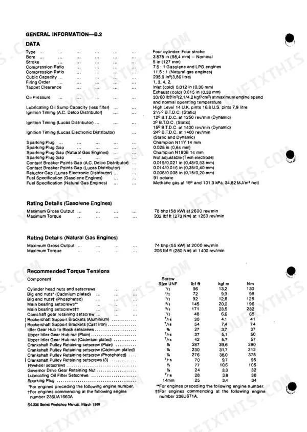 Perkins Engines Limited G4.236 engine technical data, performance ratings, and torque tension specifications table.