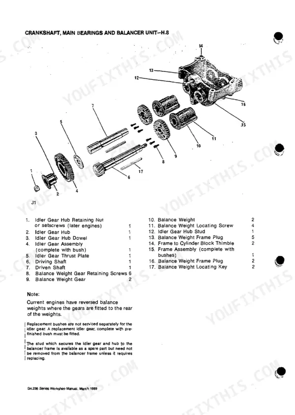 Perkins Engines Limited G4.236 exploded view of crankshaft, main bearings, and balancer unit with parts list.