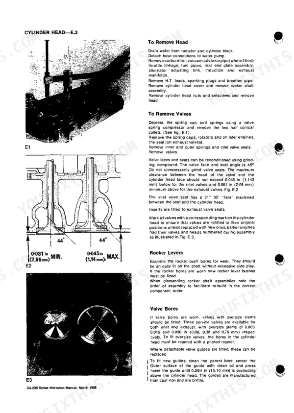 Perkins Engines Limited G4.236 cylinder head removal, valve reconditioning procedures, and valve seat clearance diagrams.