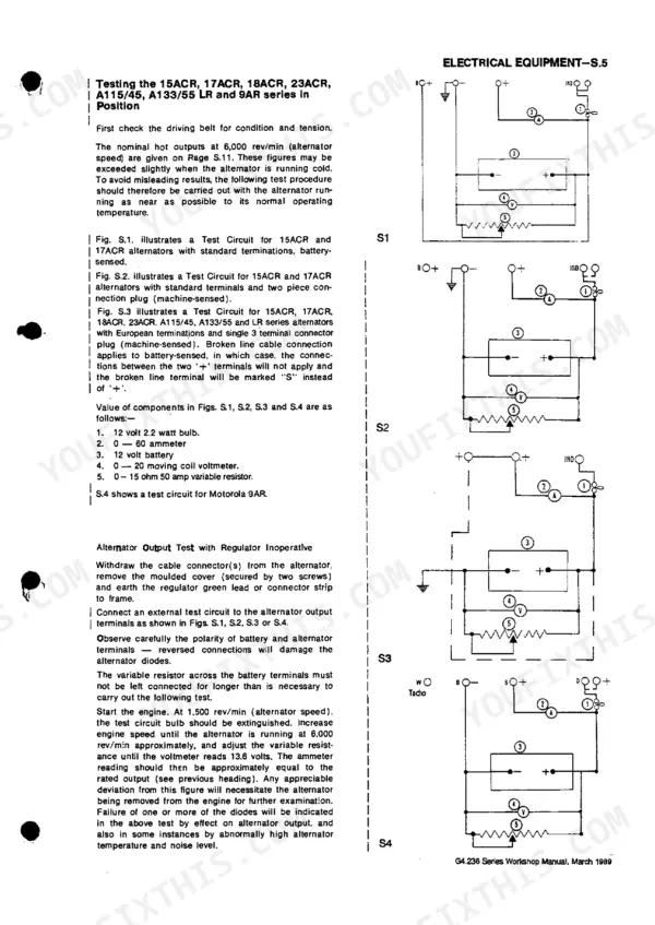 Perkins Engines Limited G4.236 alternator test circuit diagrams S1-S4 and output testing procedures for ACR series units.