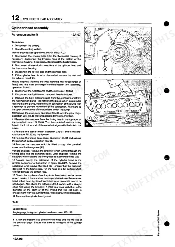 Perkins Prima, Prima Marine, 500 Series cylinder head assembly removal and installation procedure manual page.