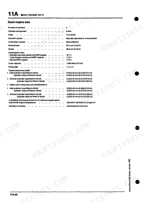 Perkins Prima, Prima Marine, 500 Series basic engine data table including bore, stroke, and tappet clearances.