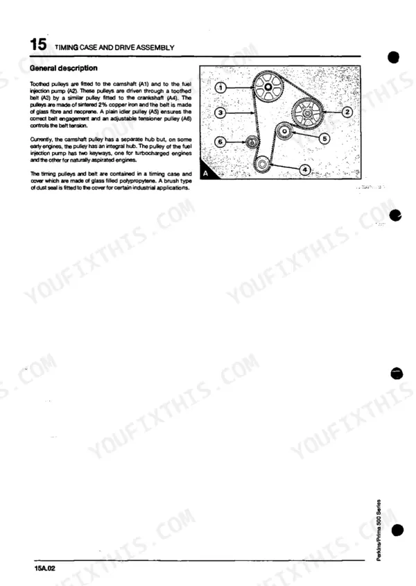 Perkins Prima, Prima Marine, 500 Series timing case and drive assembly diagram showing pulleys and belt layout.