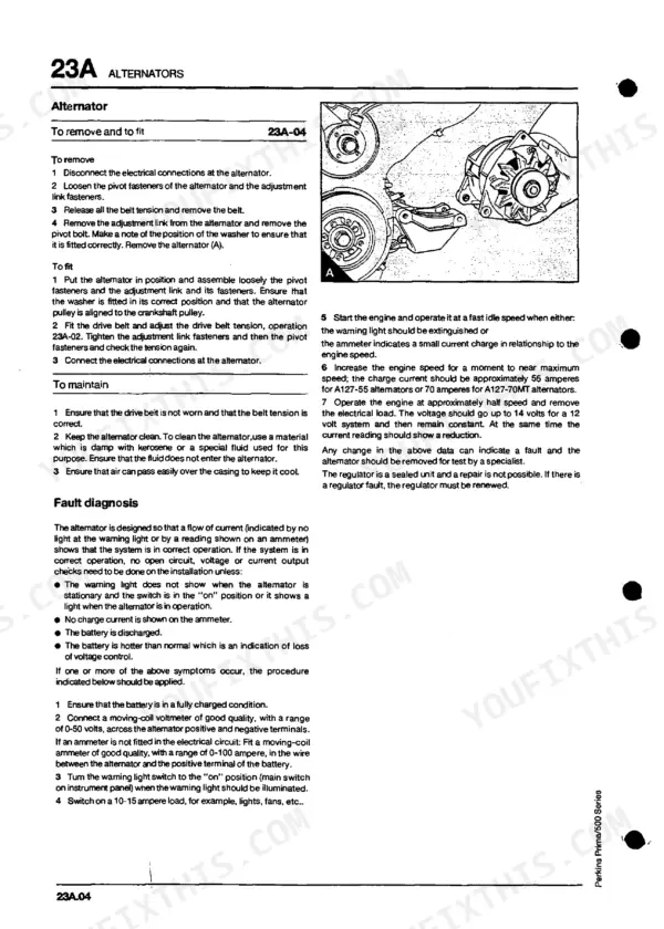 Perkins Prima, Prima Marine, 500 Series alternator removal, installation, maintenance, and fault diagnosis guide.