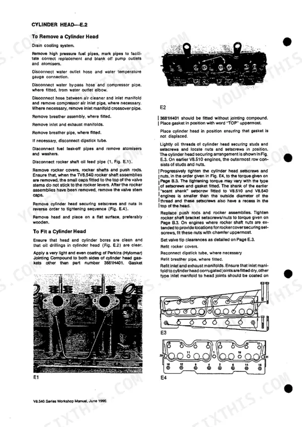 Perkins V8.510, V8.540, TV8.540 cylinder head removal and installation procedure with torque sequence diagram E4.