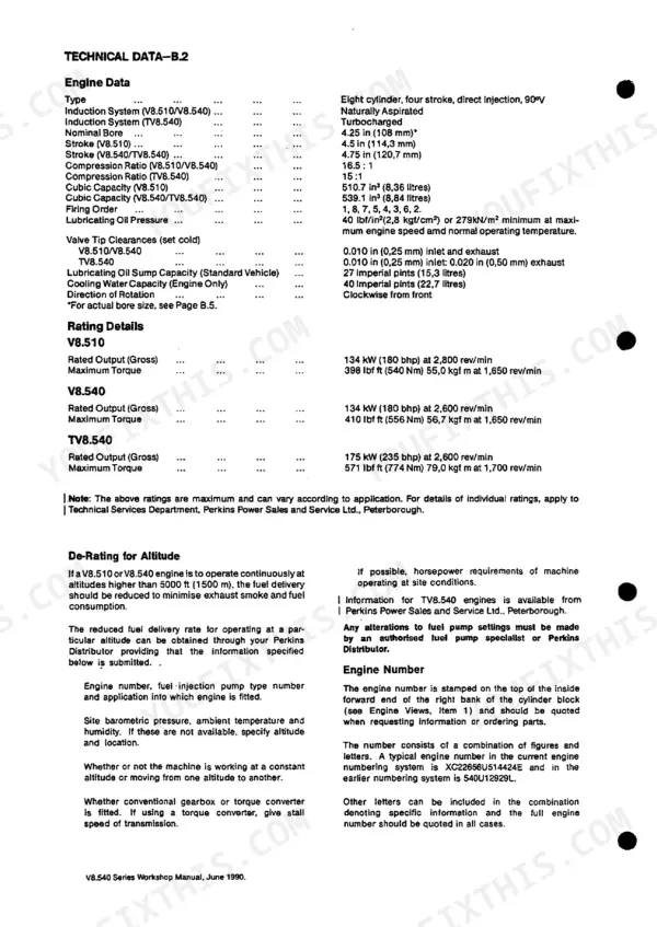 Perkins V8.510, V8.540, TV8.540 technical data table including engine specs, rating details, and altitude de-rating info.