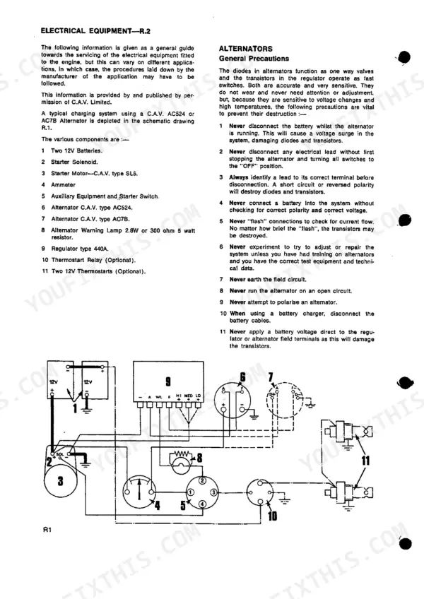 Perkins V8.510, V8.540, TV8.540 electrical system wiring diagram, alternator precautions, and component list.