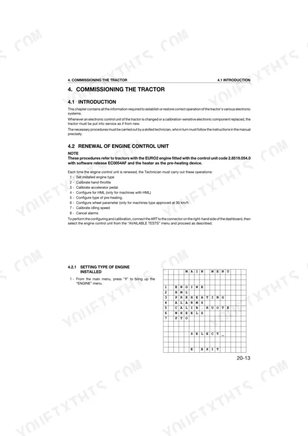 Same Dorado S 70-100, V 70-100 manual: Engine control unit renewal procedures, calibration steps, and main menu display diagram.