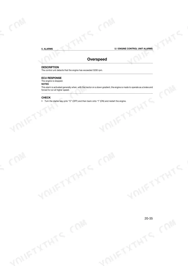 Same Dorado S/V 70-100 manual: Engine Control Unit Overspeed alarm description, ECU response, and reset procedure.