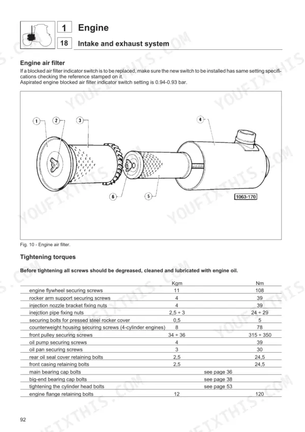 Same DORADO 55-85 engine air filter diagram and tightening torque specifications table for engine components.