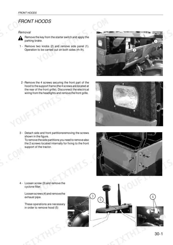 Same EXPLORER II Special 70-95 HP manual: front hood removal procedure, side panel, grille, and cyclone filter component diagrams.