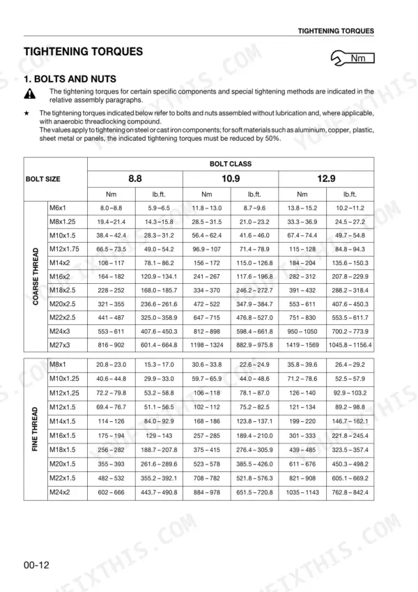 Same EXPLORER II Special 70-95 HP torque table for coarse and fine thread bolts, classes 8.8, 10.9, and 12.9 in Nm and lb.ft.