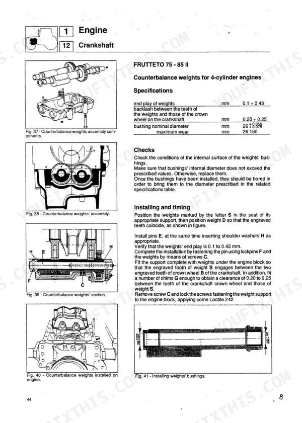 Same Frutteto 60 II, 75 II, 85 II engine counterbalance weights specifications, assembly diagrams, and timing procedures.