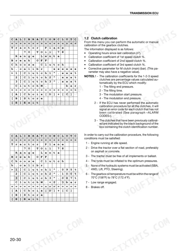 Same Rubin 120, 135, 150 transmission ECU clutch calibration menu tables and procedure instructions.