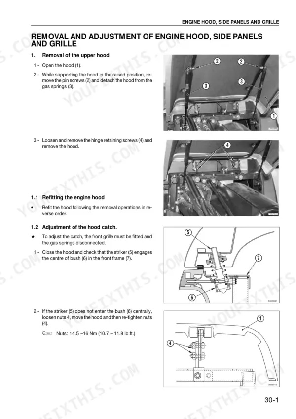 Same Rubin 120, 135, 150 engine hood removal, adjustment, and catch alignment procedures with diagrams.