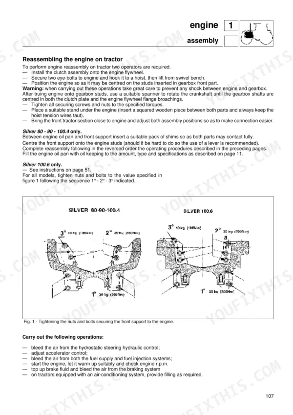 Same Silver 80, 90, 100.4, 100.6 engine reassembly procedure and front support bolt tightening torque sequence diagram.