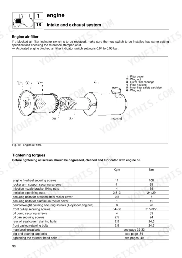 Same Silver 80-100.6 engine air filter diagram and tightening torque specifications table for engine components.