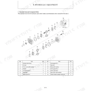 Schaeff TC08 hydraulic pump exploded view diagram and parts list including gears, seals, and housing components.