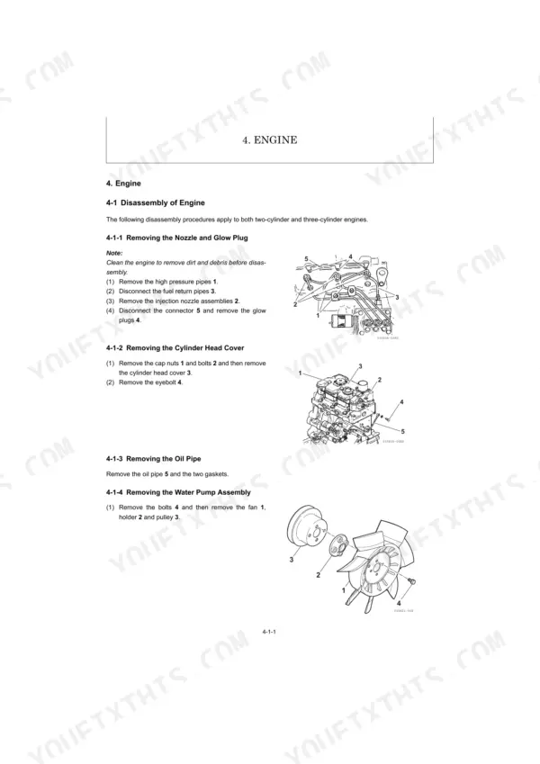 Schaeff TC08 engine disassembly procedures for nozzle, glow plug, cylinder head cover, oil pipe, and water pump assembly.