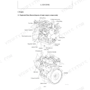 Schaeff TC10Z engine exploded view showing fuel pump, cooling fan, alternator, starter motor, and major components.