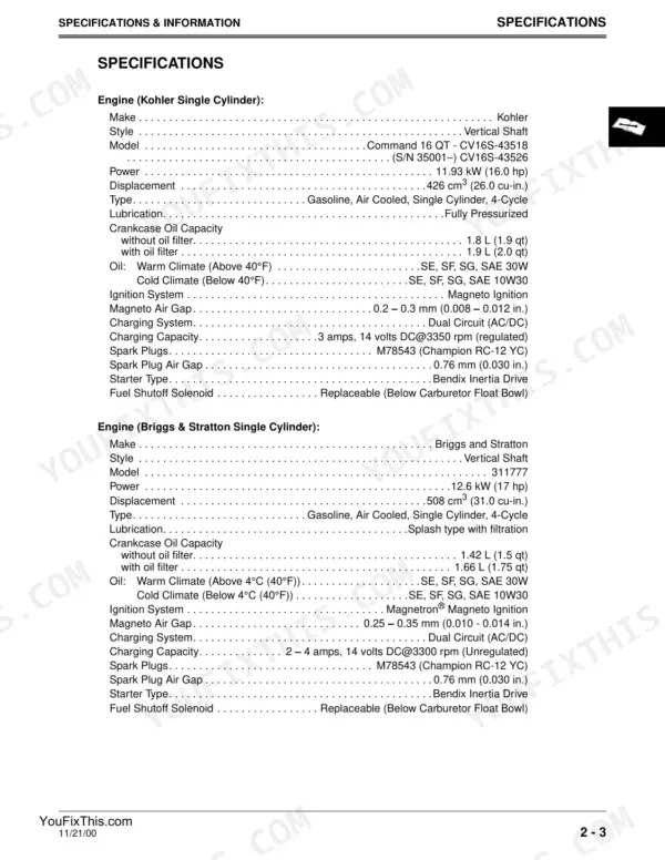 Scotts S1642, S1742, S2046, S2546 Limited Edition, TM1776 engine specifications table for Kohler and Briggs & Stratton engines.